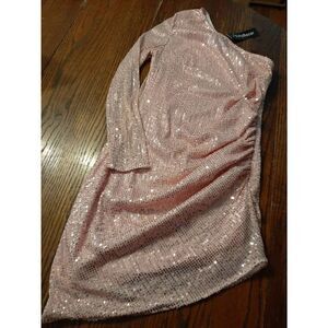 New Medium Eilly Bazar Pink Sequin One Shoulder Bodycon Ruched Party Dress NWT